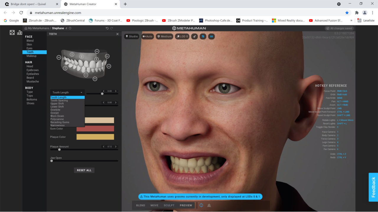 MetaHuman Creator Einstellungen für Zähne.
